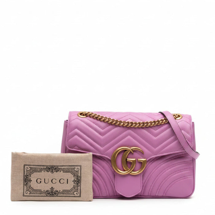 Second hand Gucci GG Marmont Large Leather Chevron Flap Shoulder Bag Pink - Tabita Bags