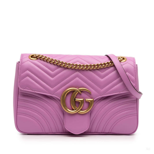 Second hand Gucci GG Marmont Large Leather Chevron Flap Shoulder Bag Pink - Tabita Bags