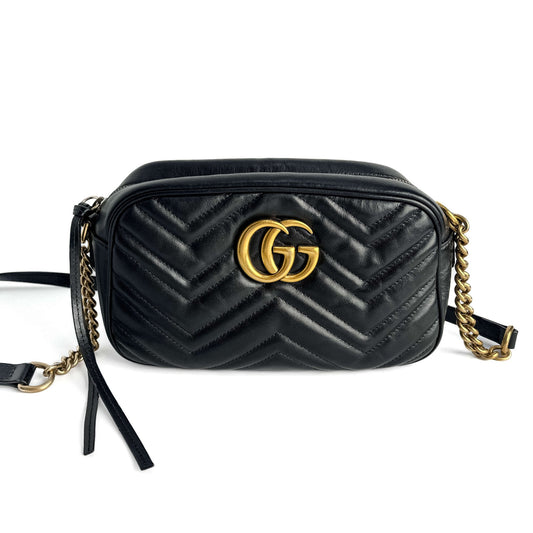 Second hand Gucci GG Marmont Small Matelassé Leather Camera Bag Black - Tabita Bags