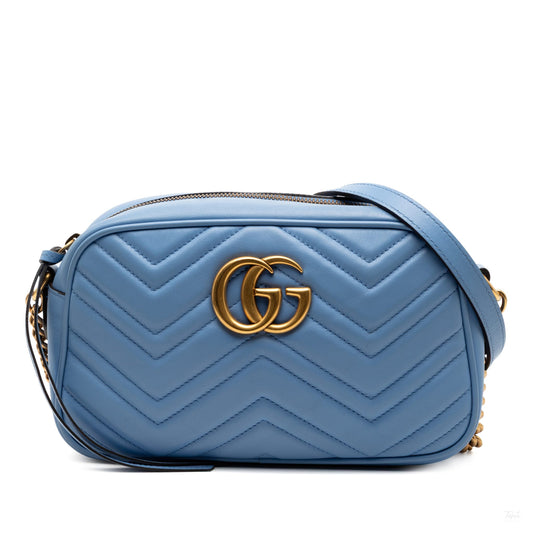 Second hand Gucci GG Marmont Small Matelassé Leather Camera Bag Blue - Tabita Bags