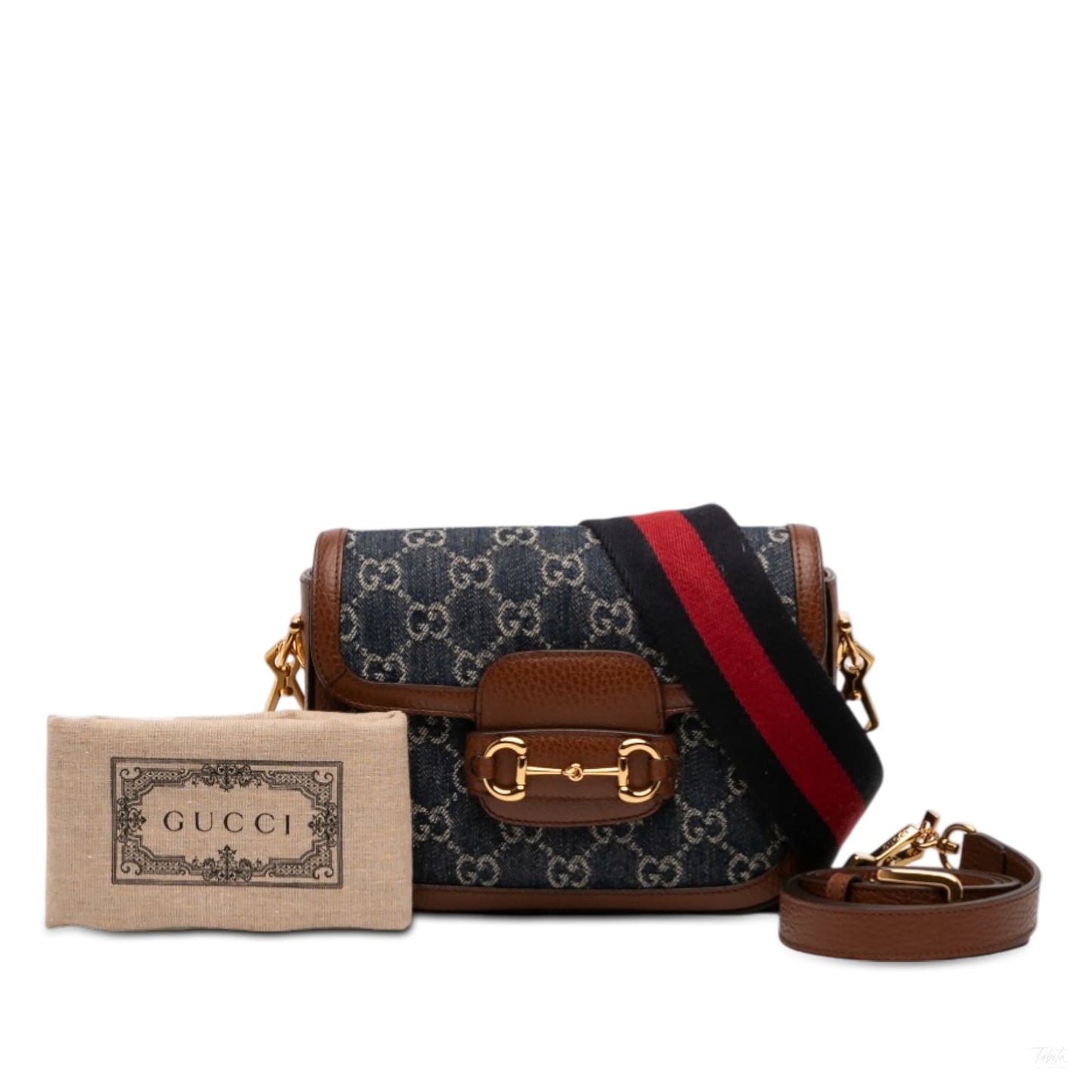 Second hand Gucci Horsebit 1955 Small Denim GG Messenger Shoulder Bag Blue - Tabita Bags