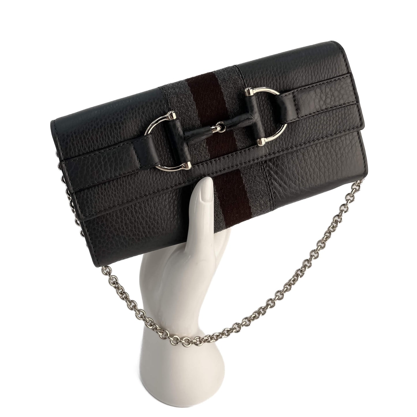 Second hand Gucci Horsebit Web Leather Wallet on Chain Handbag Grey - Tabita Bags