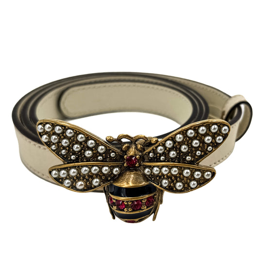 Second hand Gucci Queen Margaret Leather Thin Belt 85/34 Off - White - Tabita Bags