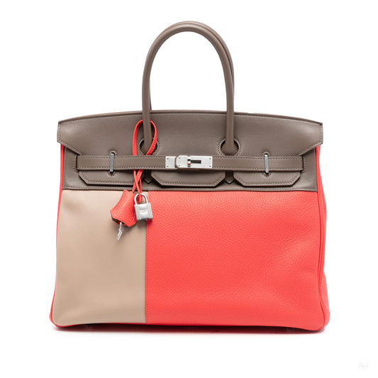 Second hand Hermes Birkin 35 Clemence and Swift Leather Tricolor Top - handle Handbag Rose Jaipur - Tabita Bags