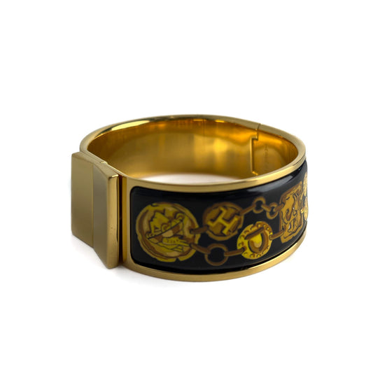 Second hand Hermes Enamel Gold Plated Metal Clic Clack Bangle 6 Cheval Et Harnais Bicolor - Tabita Bags