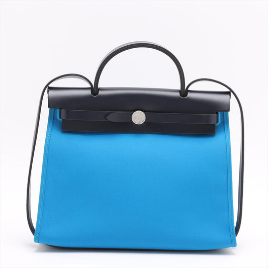Second hand Hermes Herbag PM Toile Officier × Vache Hunter Leather & Canvas Zip Top-handle Handbag Blue - Tabita Bags