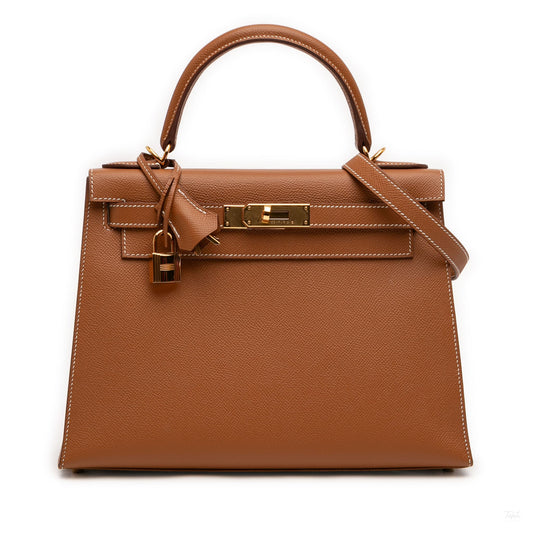 Second hand Hermes Kelly 28 Epsom Leather Sellier Top - handle Handbag Gold - Tabita Bags