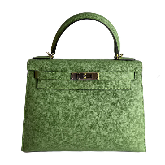 Second hand Hermes Kelly 28 Epsom Leather Sellier Top - Handle Handbag Vert Criquet - Tabita Bags