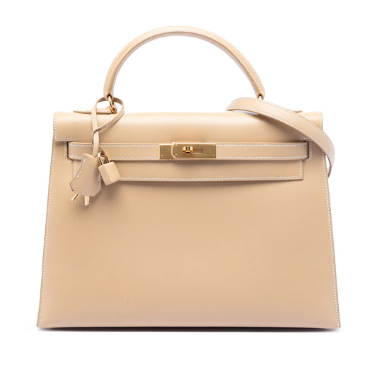 Second hand Hermes Kelly 32 Box Calf Leather Top - handle Handbag Beige - Tabita Bags
