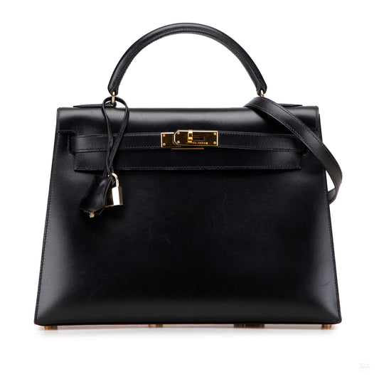 Second hand Hermes Kelly 32 Box Calf Leather Top - Handle Handbag Noir - Tabita Bags