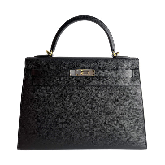 Second hand Hermes Kelly 32 Epsom Leather Sellier Top - handle Handbag Black - Tabita Bags
