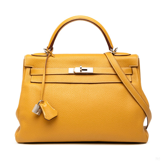 Second hand Hermes Kelly 32 Taurillon Clemence Leather Top - handle Handbag Jaune de Naples - Tabita Bags