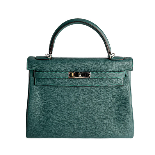 Second hand Hermes Kelly 32 Taurillon Clemence Leather Top - Handle Handbag Malachite - Tabita Bags