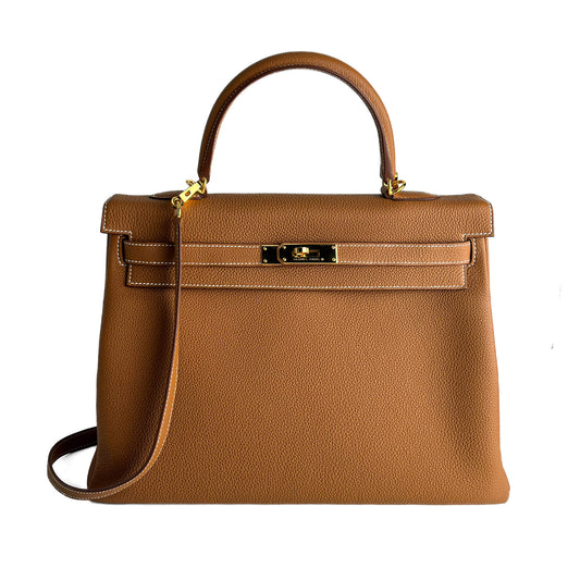Second hand Hermes Kelly 32 Togo Leather 2 - Ways Top - Handle Handbag Gold - Tabita Bags