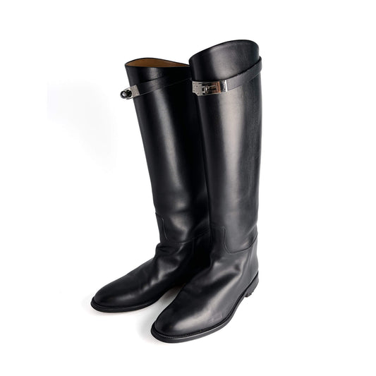 Second hand Hermes Kelly Box Calf Leather Jumping Boots 39 Black - Tabita Bags