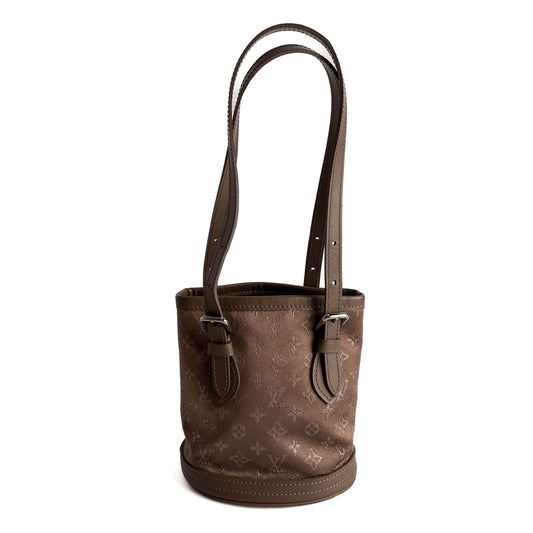 Second hand Louis Vuitton Bucket Mini Satin & Leather Bucket Handbag Taupe - Tabita Bags