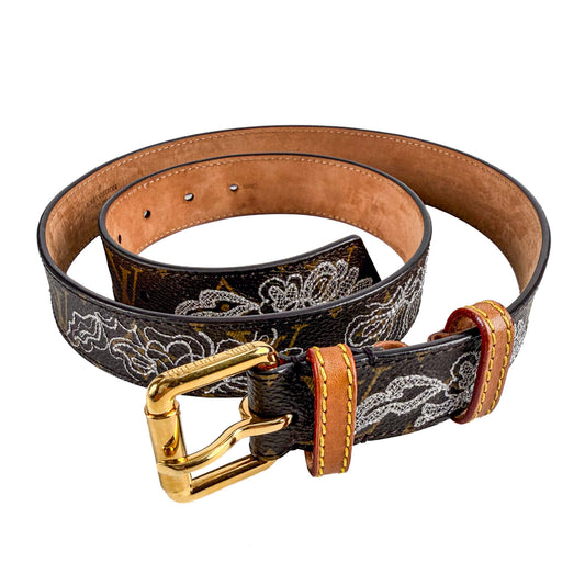 Second hand Louis Vuitton Dentelle 36 Canvas Medium Belt 90/36 Brown - Tabita Bags