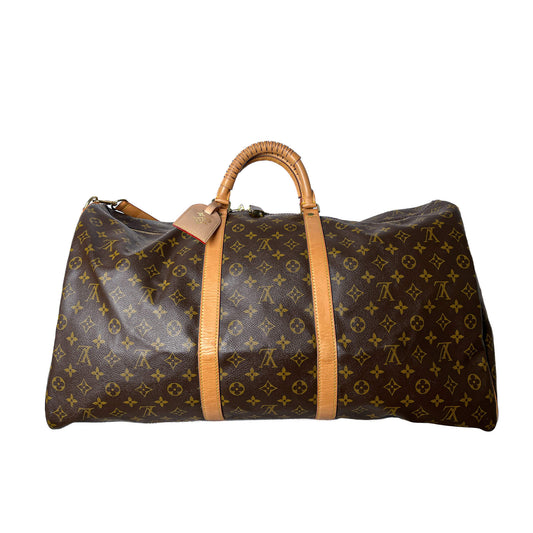 Second hand Louis Vuitton Keepall 60 Canvas Weekender Shoulder Bag Brown - Tabita Bags
