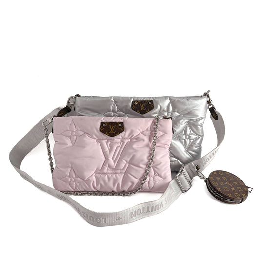 Second hand Louis Vuitton Maxi Multi Pochette Embossed Monogram Econyl Nylon 2 - Ways Pouch Crossbody Silver & Pink - Tabita Bags