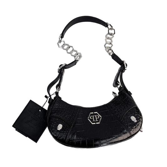Second hand Philipp Plein Hexagon Croco Printed Leather Bowler Shoulder Bag Black - Tabita Bags