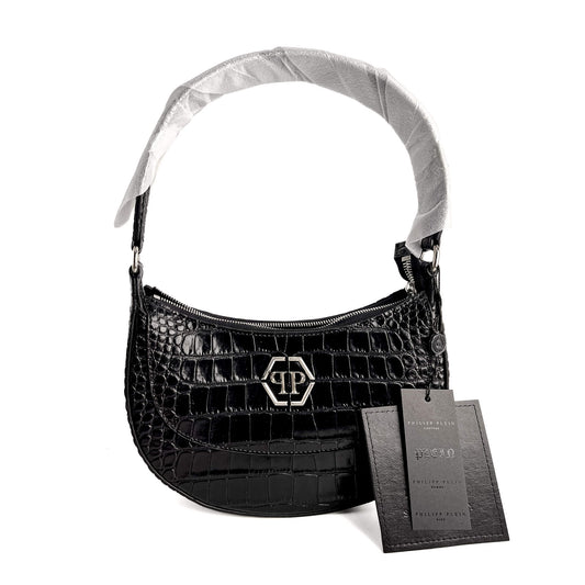 Second hand Philipp Plein Hexagon Croco Printed Leather Hobo Shoulder Bag Black - Tabita Bags