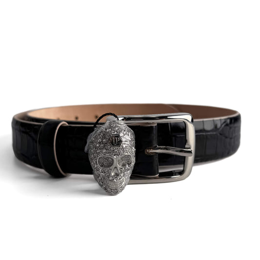 Second hand Philipp Plein Skull Croco Printed Leather Medium Belt 80 Black - Tabita Bags