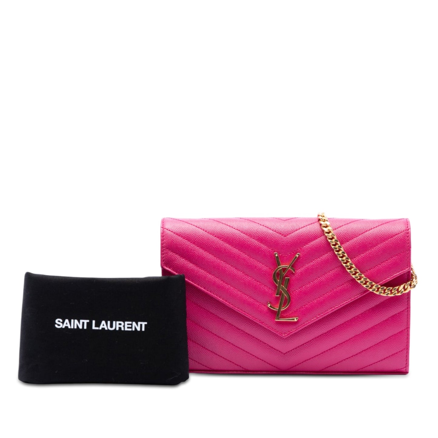 Second hand Saint Laurent Cassandre Classic Grained Calfskin Leather Chevron Quilted Wallet on Chain Shoulder Bag Pink - Tabita Bags