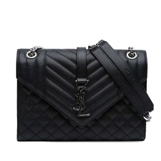 Second hand Saint Laurent Envelope Medium Embossed Grained Leather 2 - Ways Envelope Bag Black - Tabita Bags