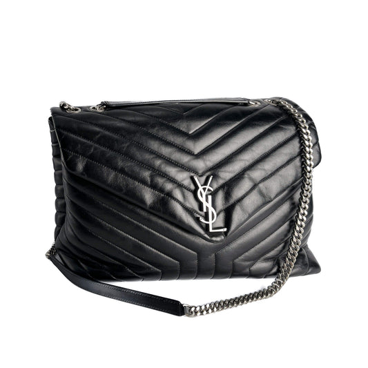 Second hand Saint Laurent Loulou Large Leather Chevron Quilted Envelope Shoulder Bag Black - Tabita Bags