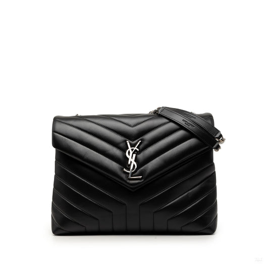 Second hand Saint Laurent Loulou Medium Leather Chevron Quilted Envelope Shoulder Bag Black - Tabita Bags