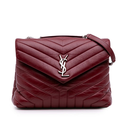 Second hand Saint Laurent Loulou Medium Leather Chevron Quilted Envelope Shoulder Bag Red - Tabita Bags