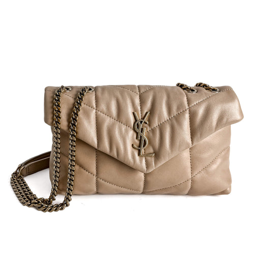 Second hand Saint Laurent Loulou Puffer Toy Chevron Quilted Leather 2 - Ways Envelope Crossbody Dark Beige - Tabita Bags