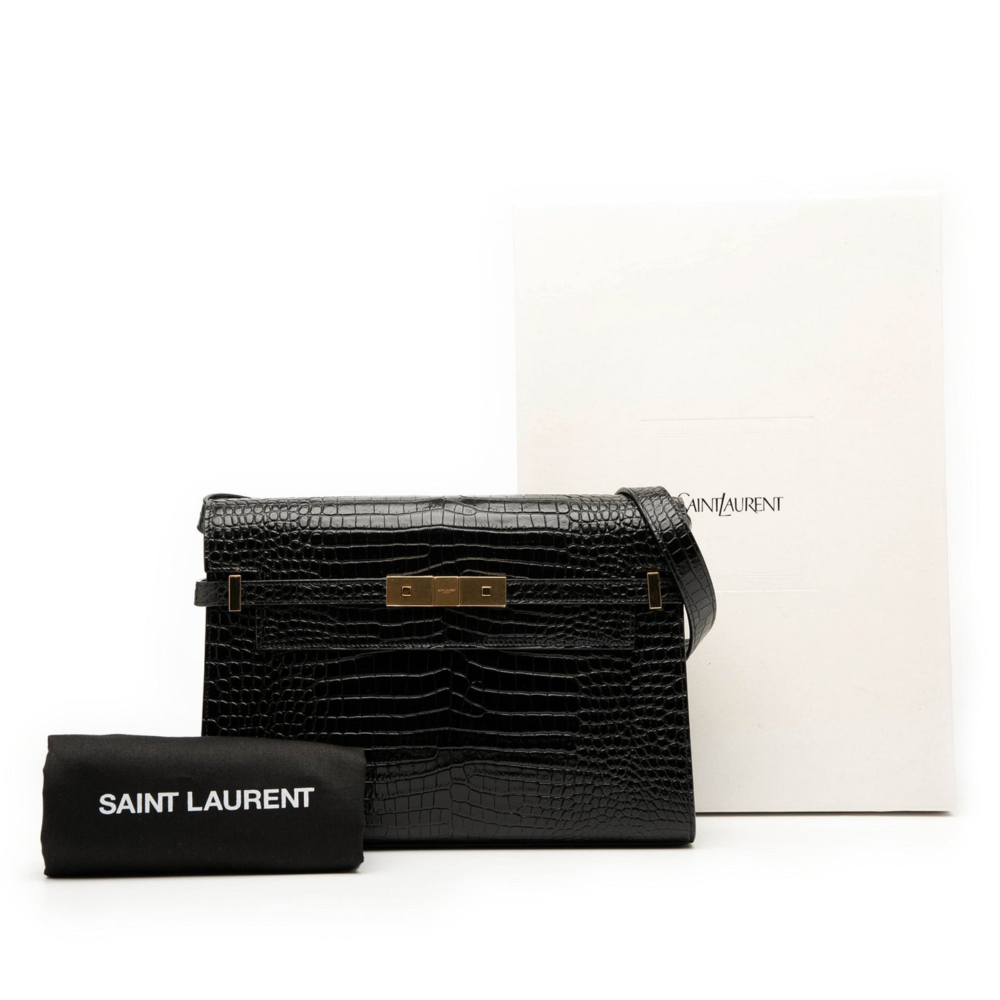 Second hand Saint Laurent Paris Manhattan Leather Crocodile - Embossed Flap Clutch Black - Tabita Bags