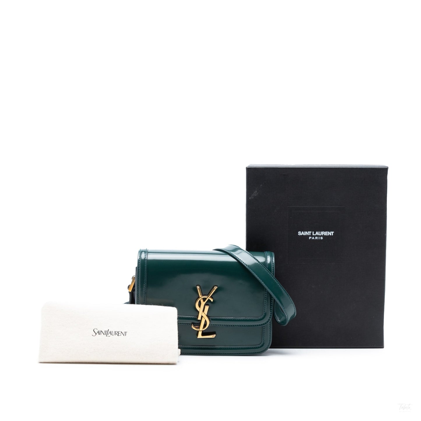 Second hand Saint Laurent Solferino Small Patent Leather Flap Crossbody Green - Tabita Bags