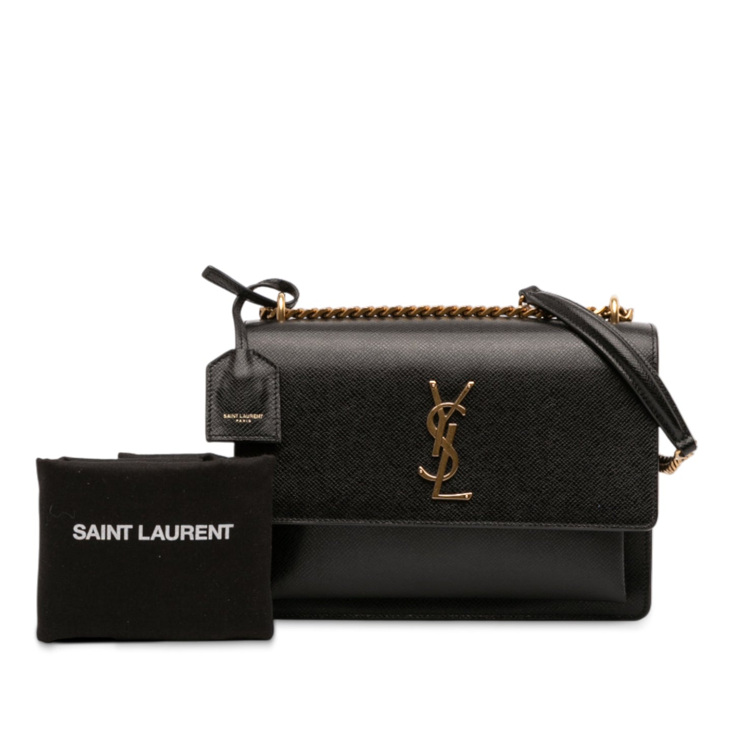 Second hand Saint Laurent Sunset Grained Calfskin Leather Flap Crossbody Black - Tabita Bags