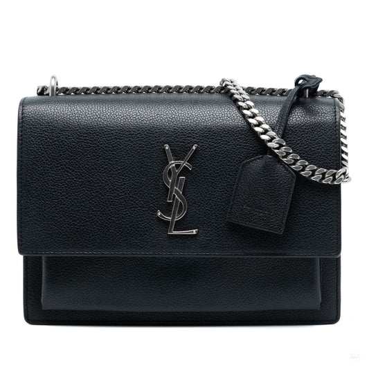 Second hand Saint Laurent Sunset Grained Calfskin Leather Flap Crossbody Black - Tabita Bags