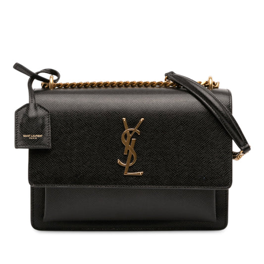 Second hand Saint Laurent Sunset Grained Calfskin Leather Flap Crossbody Black - Tabita Bags