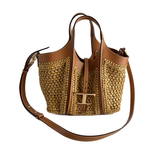Second hand Tod's T Timeless Mini Woven Raffia and Leather Shopper Crossbody Natural brown - Tabita Bags