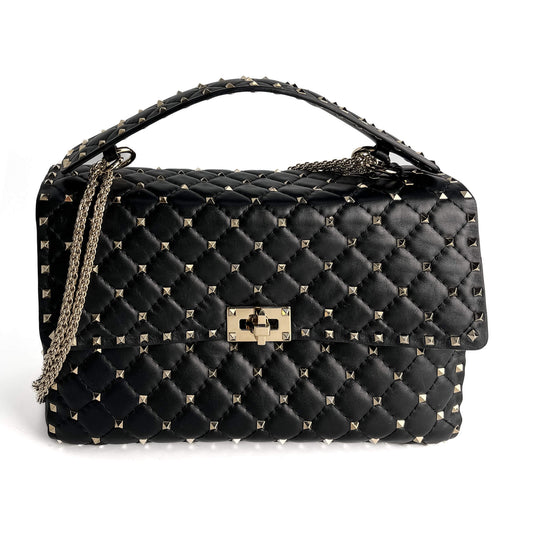 Second hand Valentino Garavani Rockstud Spike Large Calfskin Leather 2 - Ways Flap Crossbody Black - Tabita Bags