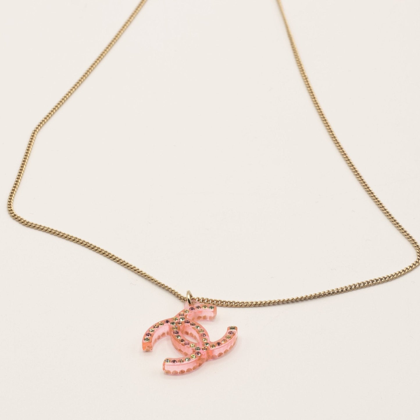 Second hand Chanel Pendant Chain Necklace Pink Resin Crystal CC Vintage - Tabita Bags