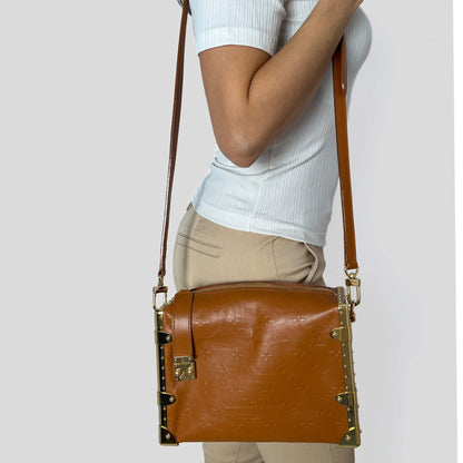 Side Trunk MM Embossed Monogram Leather Trunk Shoulder Bag Caramel