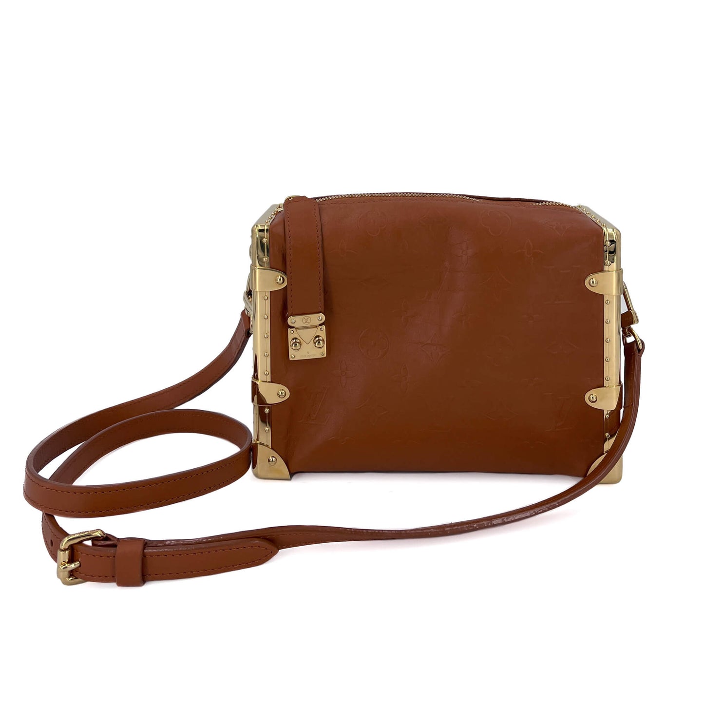 Side Trunk MM Embossed Monogram Leather Trunk Shoulder Bag Caramel