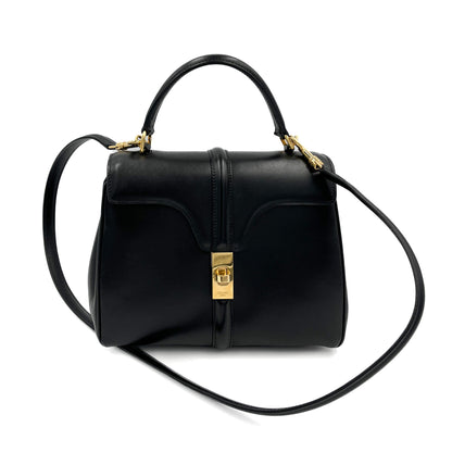 16 Seize Petit Sac à Main en Cuir de Veau Brillant Noir 