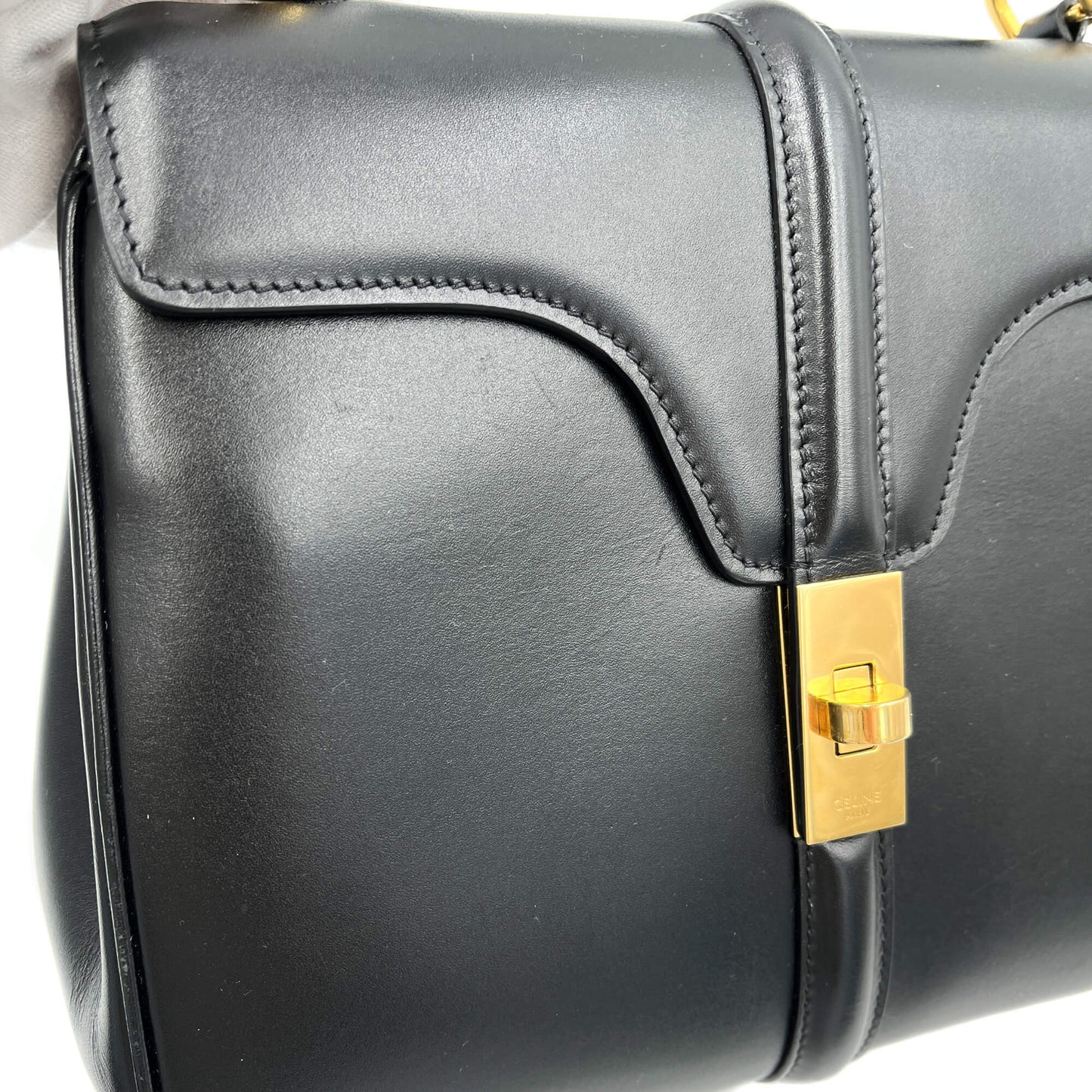 16 Seize Petit Sac à Main en Cuir de Veau Brillant Noir 