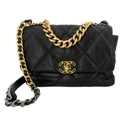 CHANEL 19 Grand Sac à Main en Cuir d'Agneau Matelassé 2-Ways Noir 