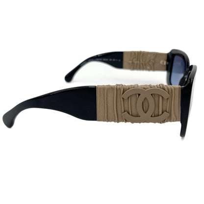 Lunettes de soleil bicolores en acétate carré et cuir de veau 