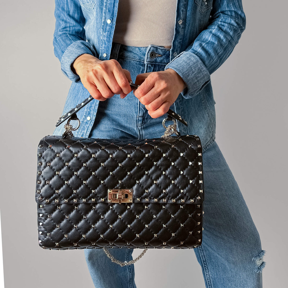 Rockstud Spike Large Calfskin Leather 2-Ways Flap Crossbody Black