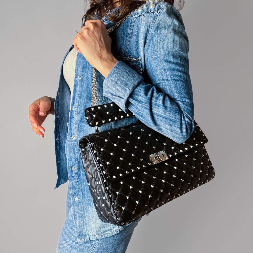 Rockstud Spike Large Calfskin Leather 2-Ways Flap Crossbody Black