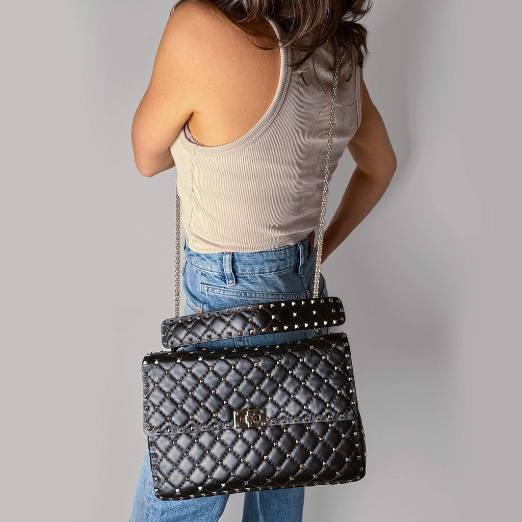 Rockstud Spike Large Calfskin Leather 2-Ways Flap Crossbody Black