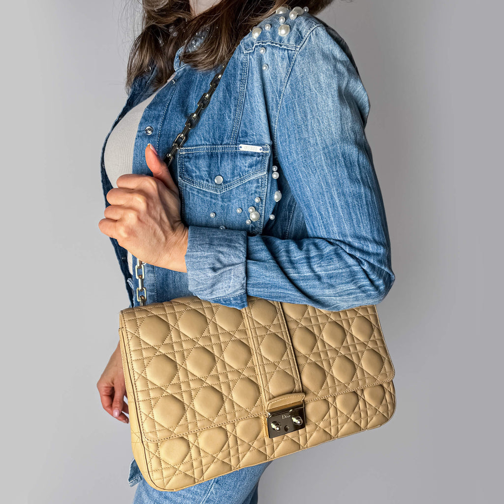 Miss Dior Promenade Large Cannage Lambskin Leather Flap Shoulder Bag Beige